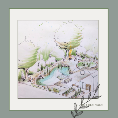 Naturgarten mit Teich in der Vogelperspektive